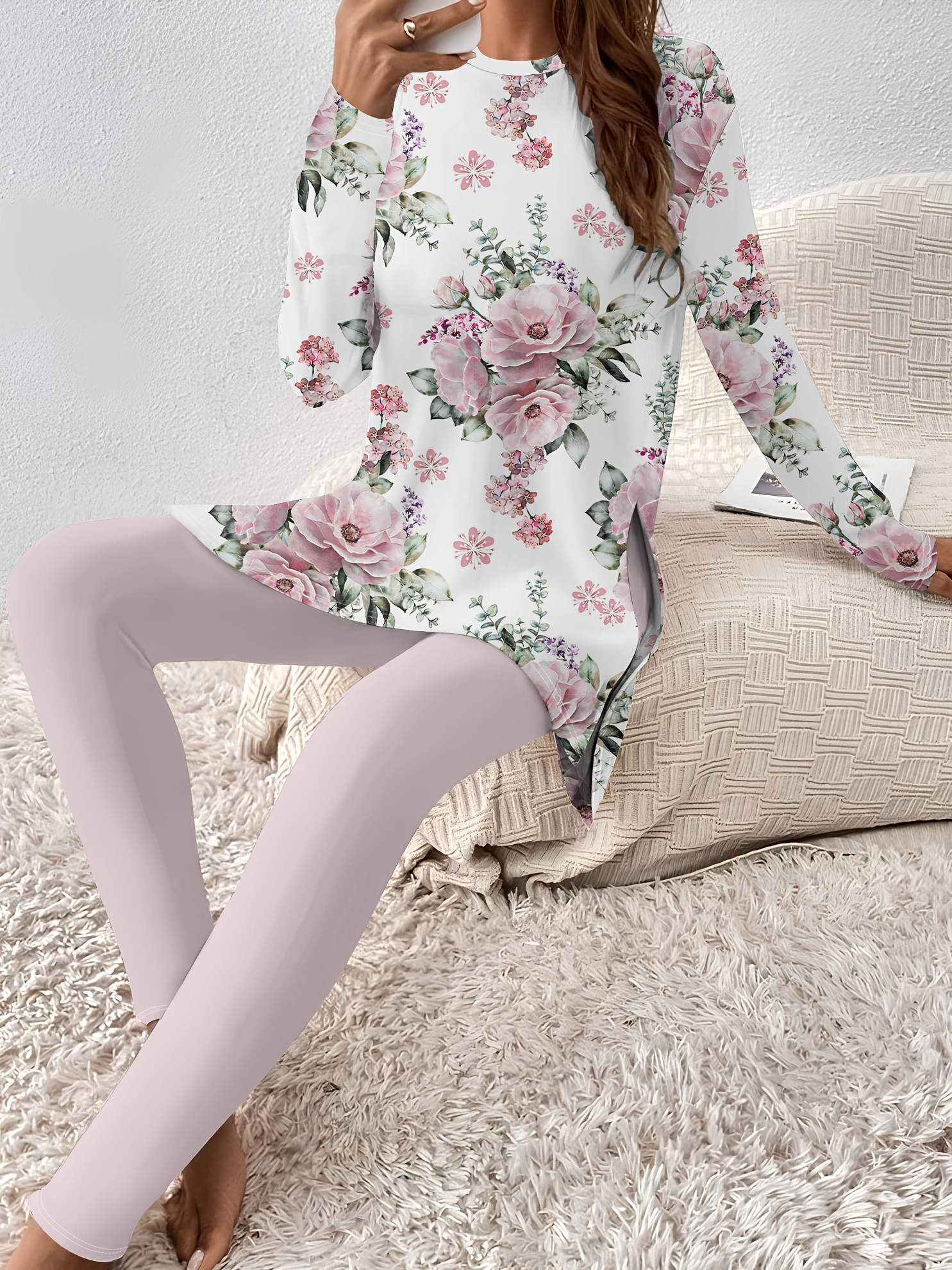 Women's Jersey Floral Daily Going Out Two Piece Set Long Sleeve Casual Spring/Fall Top With Pants Matching Set