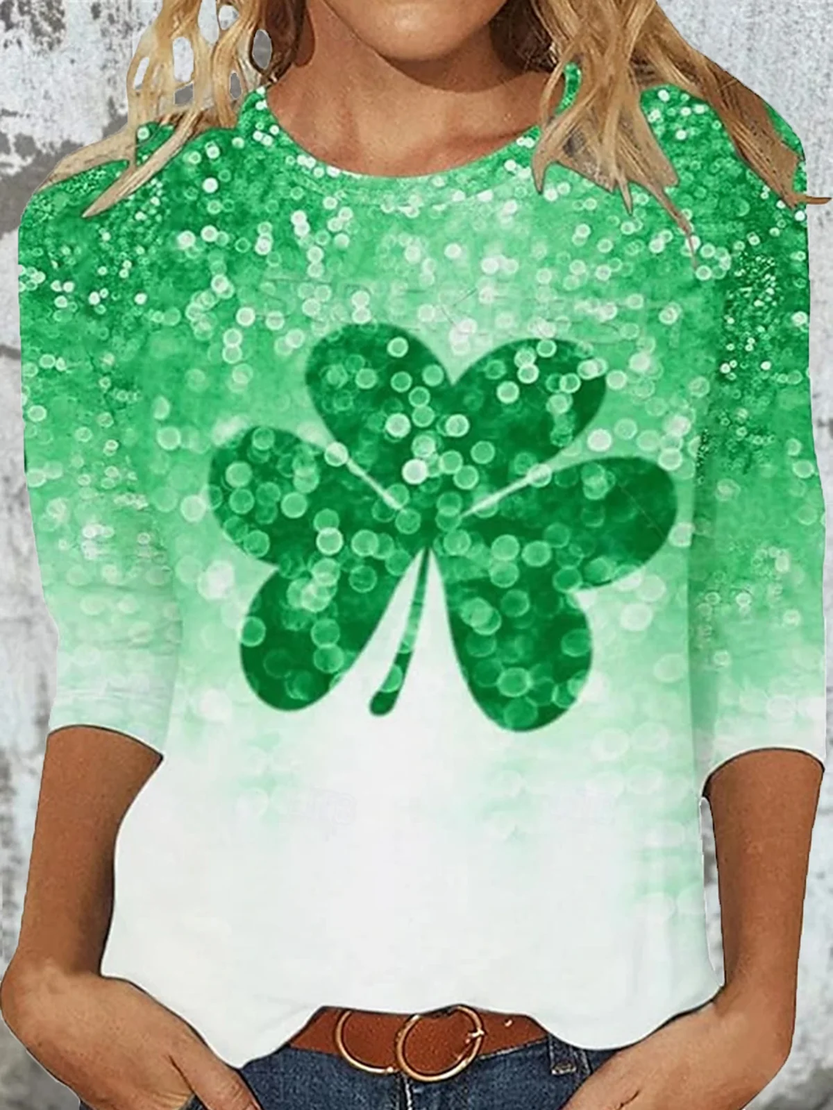 Women's St Patricks Day Shamrock Floral Print Casual Long Sleeve Crew Neck T-Shirt