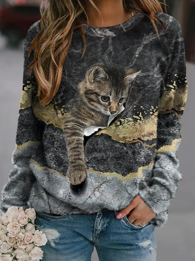 Women's Crew Neck Cat Casual Spring/Fall Long Sleeve Sweatshirt