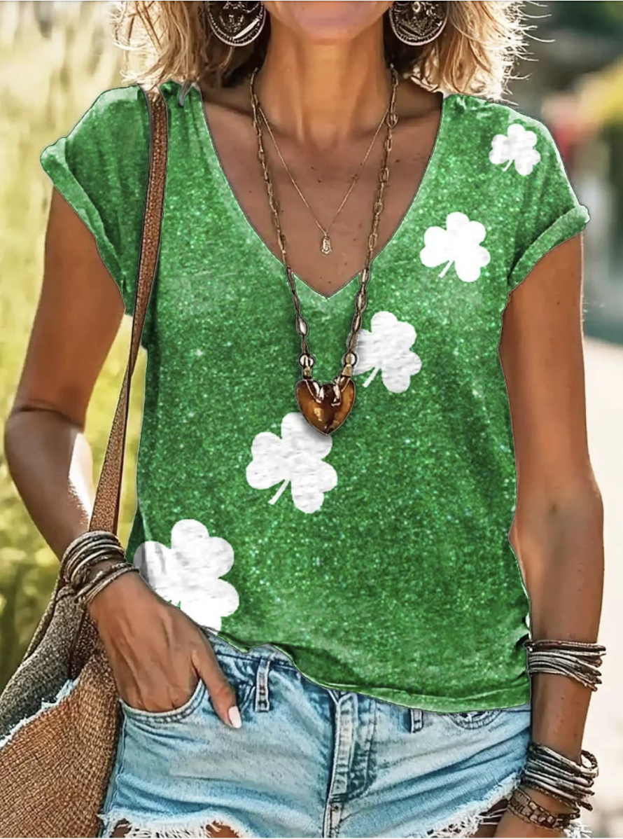 Women‘s St Patricks Day Shamrock Print Casual Short Sleeve V Neck T-Shirt