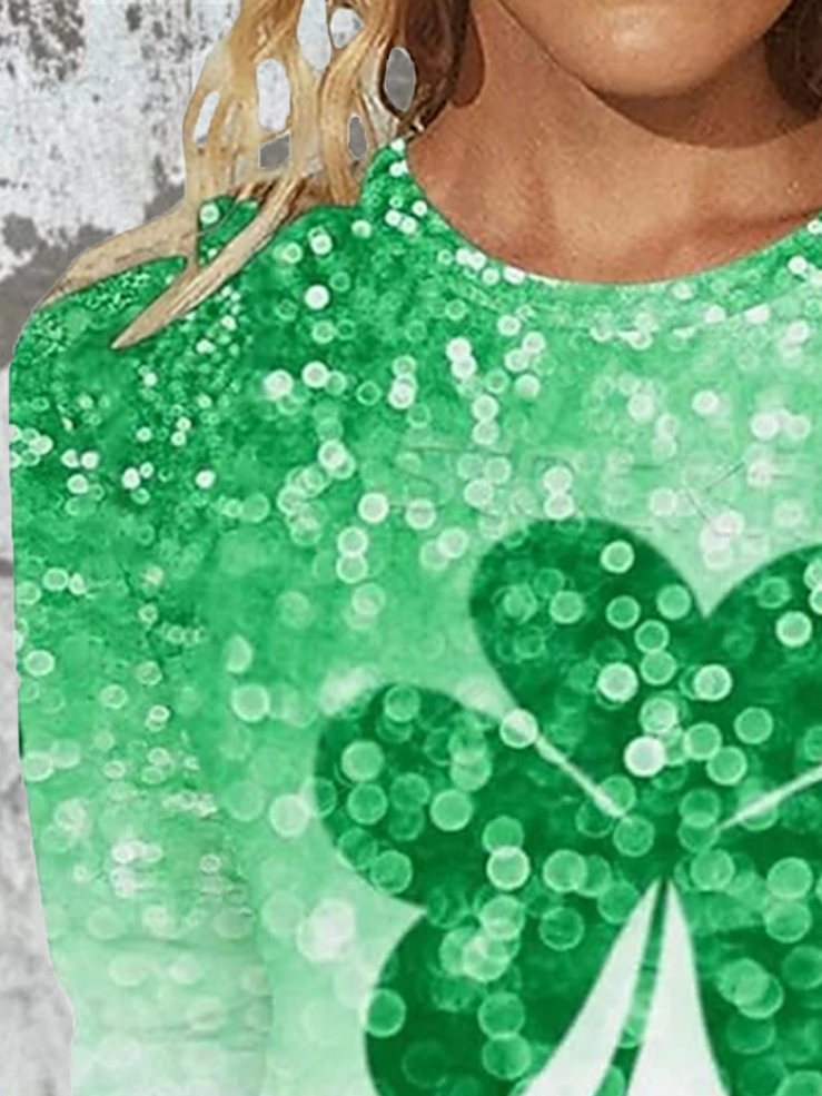 Women's St Patricks Day Shamrock Floral Print Casual Long Sleeve Crew Neck T-Shirt