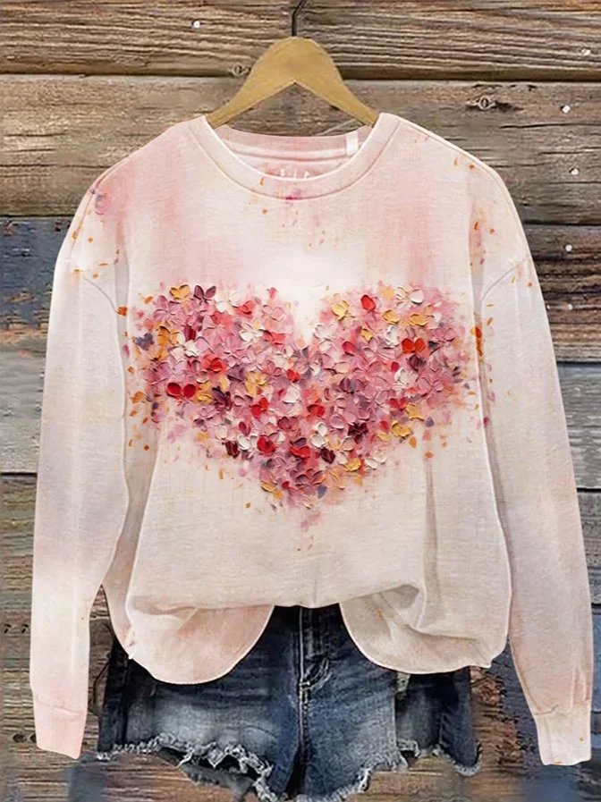 Women's Valentine's Day Design Flowers Heart Print Long Sleeve Crew Neck Sweatshirt