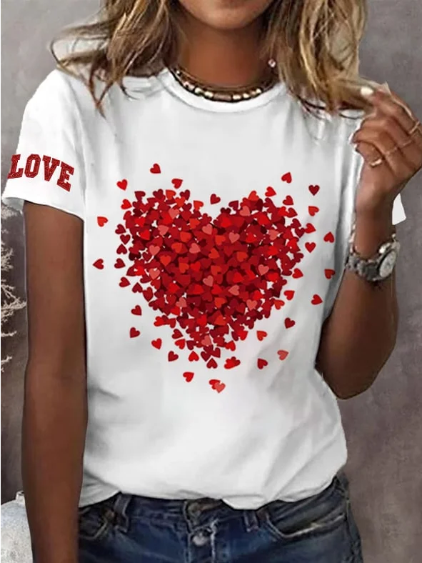 Women's Valentine's Day Love Heart Print Short Sleeve Round Neck T-Shirt