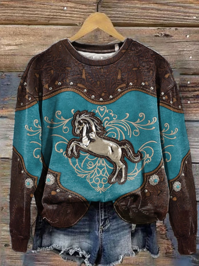 Women's Crew Neck Horse Casual Spring/Fall Long Sleeve Sweatshirt