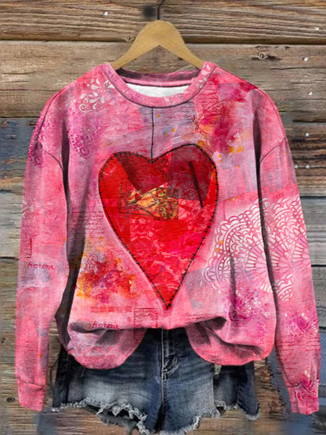 Women's Valentine's Day Love Heart Print Graphic Long Sleeve Crew Neck Sweatshirt