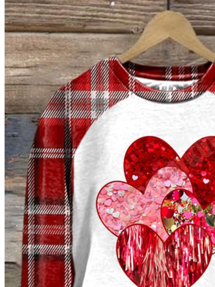 Women's Valentine's Day Love Heart Print Plaid Long Sleeve Crew Neck Sweatshirt