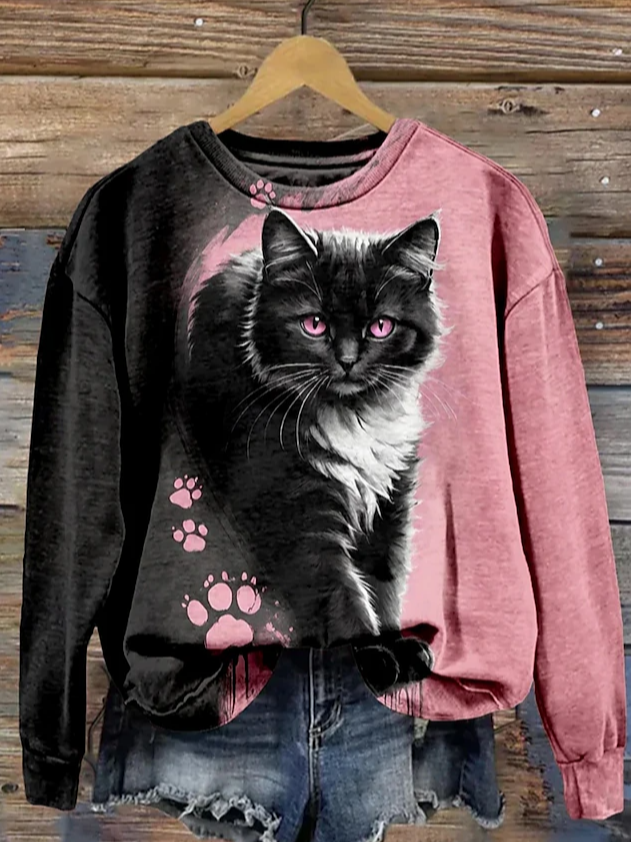 Women's Crew Neck Cat Casual Spring/Fall Long Sleeve Sweatshirt