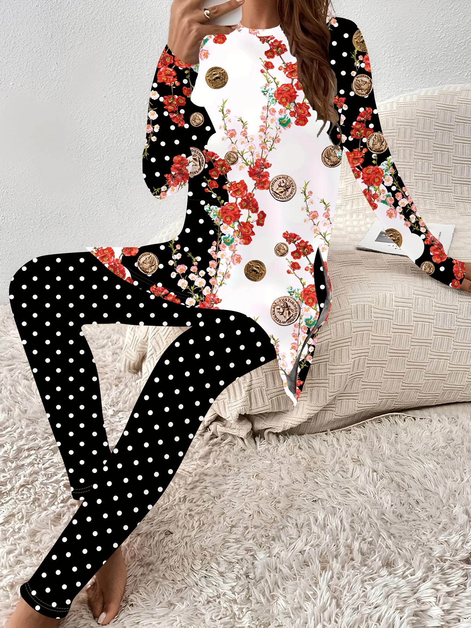 Women's Jersey Floral Daily Going Out Two Piece Set Long Sleeve Casual Spring/Fall Top With Pants Matching Set