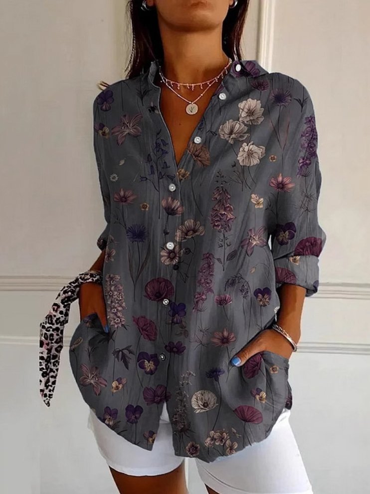 Women's Long Sleeve Shirt Spring/Fall Floral Shirt Collar Daily Going Out Casual Top