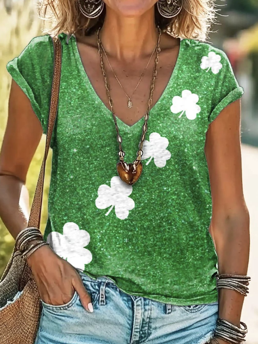 Women‘s St Patricks Day Shamrock Print Casual Short Sleeve V Neck T-Shirt