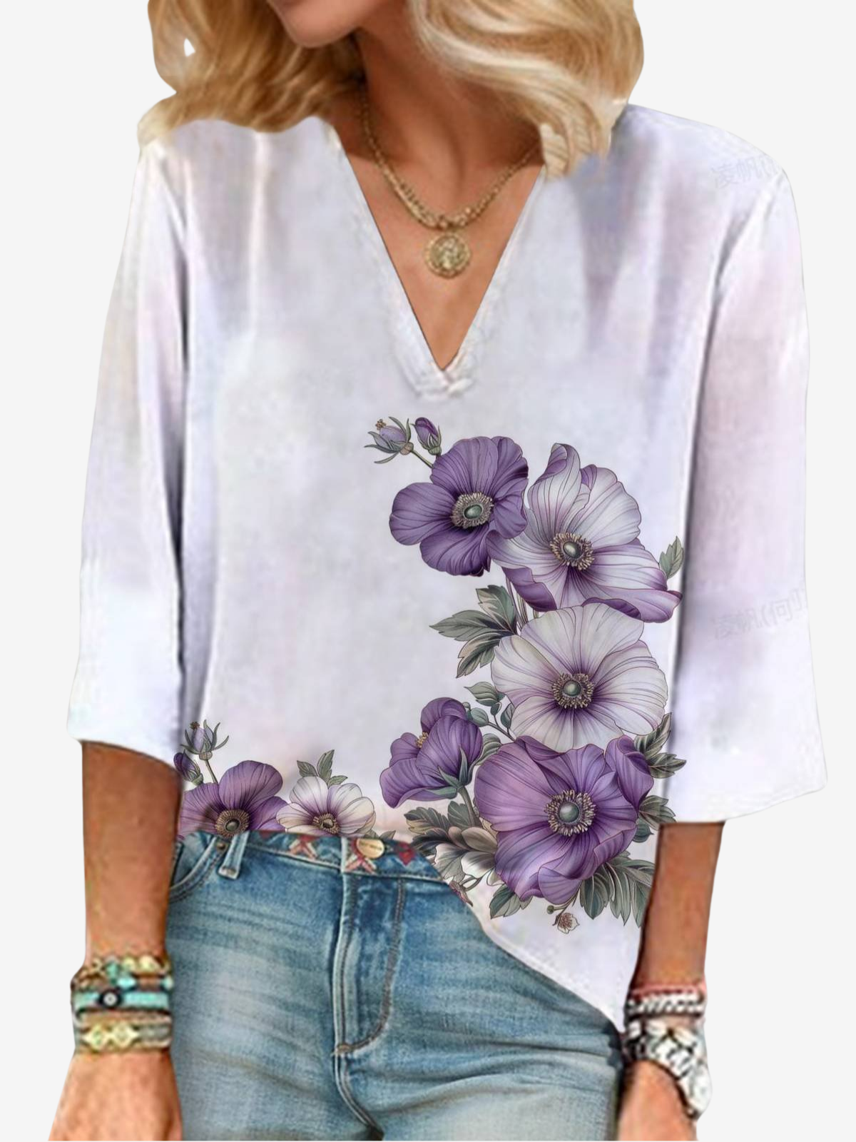 Women's Three Quarter Sleeve Blouse Spring/Fall Floral V Neck Holiday Going Out Casual Top