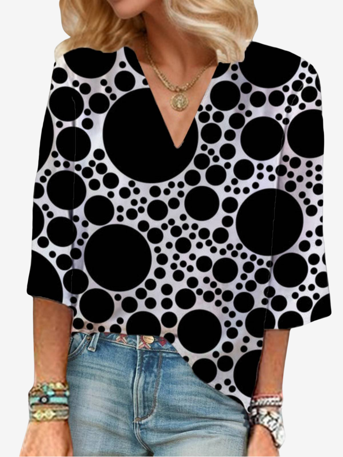 Women's Three Quarter Sleeve Blouse Spring/Fall Polka Dots V Neck Holiday Going Out Casual Top