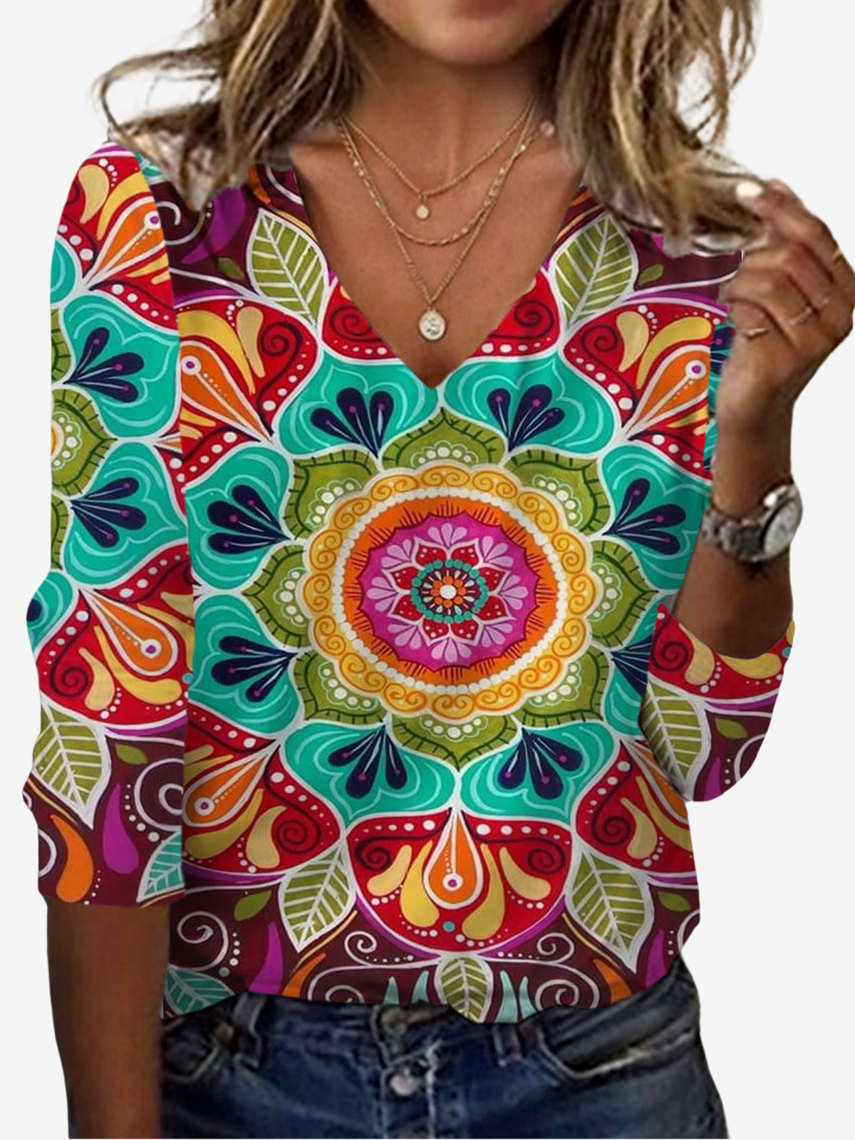 Women's Long Sleeve Tee T-shirt Spring/Fall Ethnic Jersey V Neck Holiday Going Out Casual Top