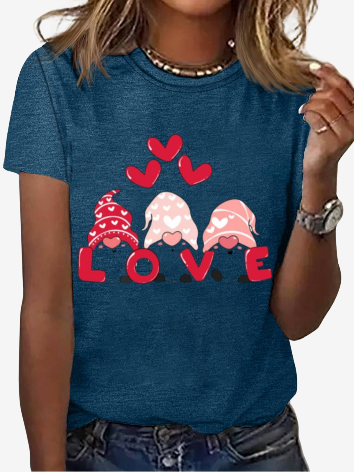 Women's Valentine's Day Gnomes Love Heart Print Graphic Print Short Sleeve Round Neck T-Shirt