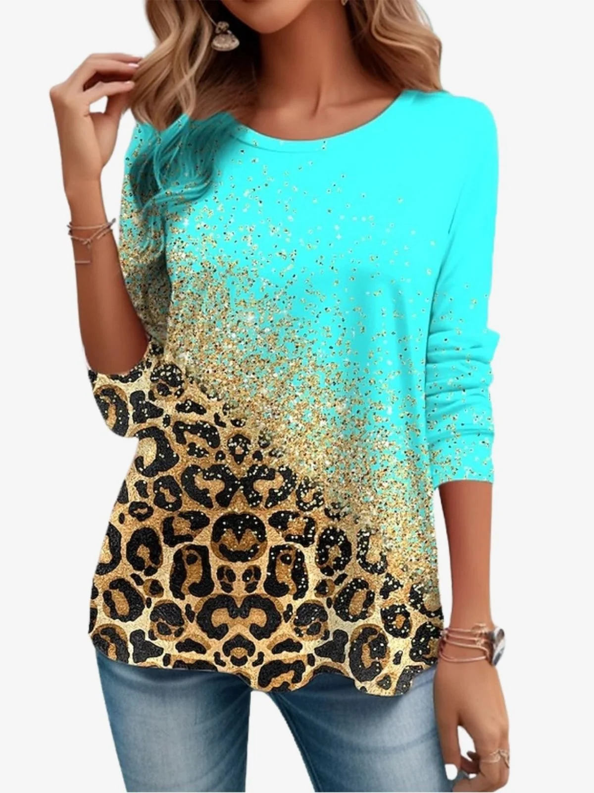 Women's Long Sleeve Tee T-shirt Spring/Fall Leopard Printing Jersey Crew Neck Holiday Going Out Casual Top