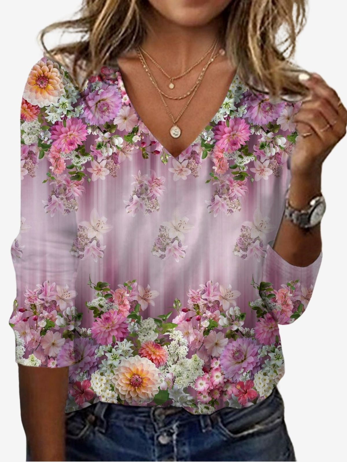 Women's Long Sleeve Tee T-shirt Spring/Fall Floral Jersey V Neck Daily Going Out Casual Top