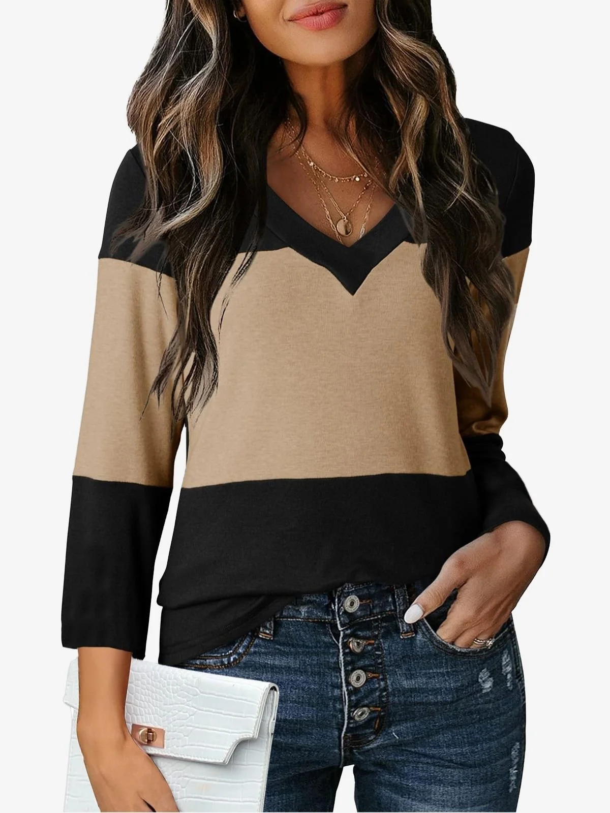 Women's Long Sleeve Tee T-shirt Spring/Fall Color Block Jersey V Neck Daily Going Out Casual Top