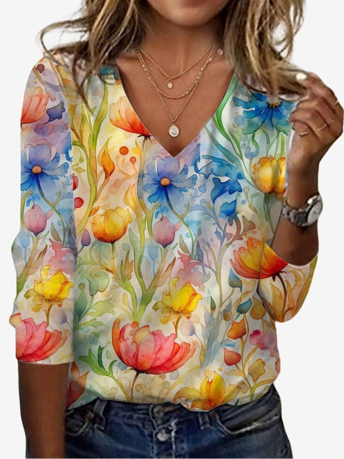 Women's Long Sleeve Tee T-shirt Spring/Fall Floral Jersey V Neck Daily Going Out Casual Top