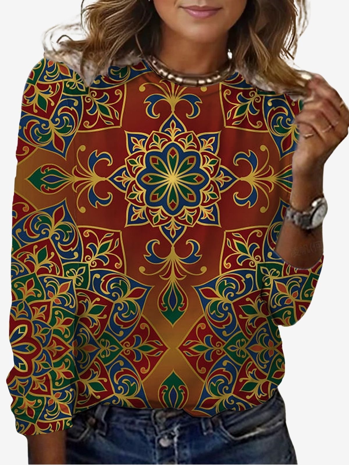 Women's Long Sleeve Tee T-shirt Spring/Fall Ethnic Jersey Crew Neck Daily Going Out Casual Top