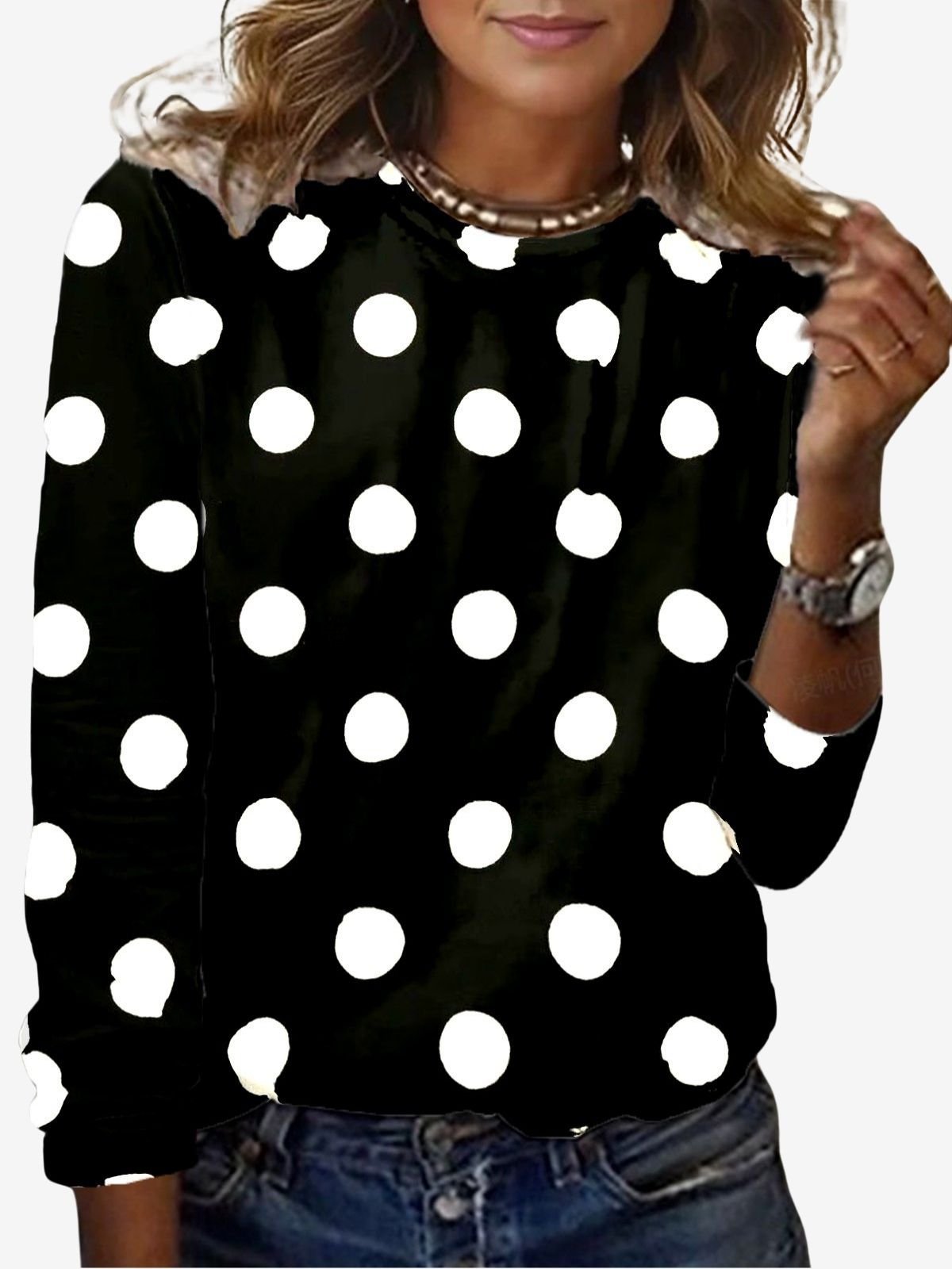 Women's Long Sleeve Tee T-shirt Spring/Fall Polka Dots Jersey Crew Neck Daily Going Out Casual Top