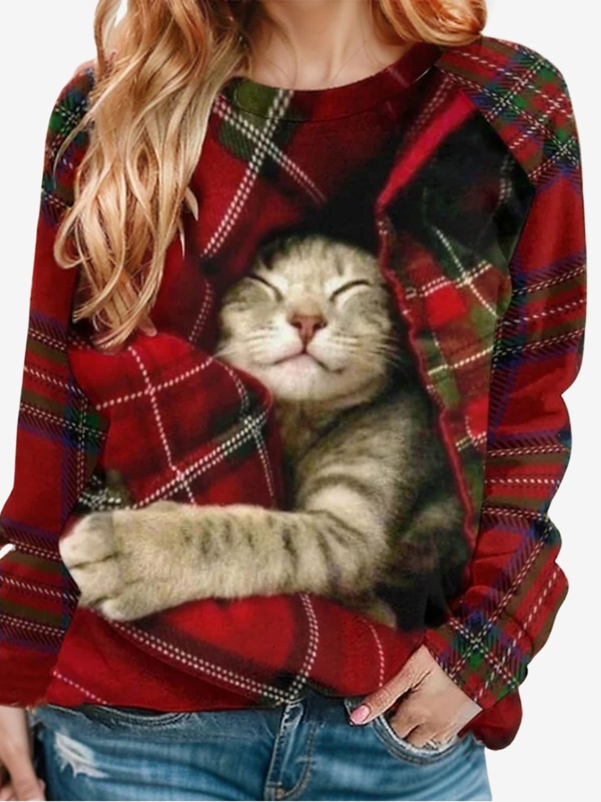 Women's Crew Neck Cat Printing Casual Spring/Fall Long Sleeve Sweatshirt