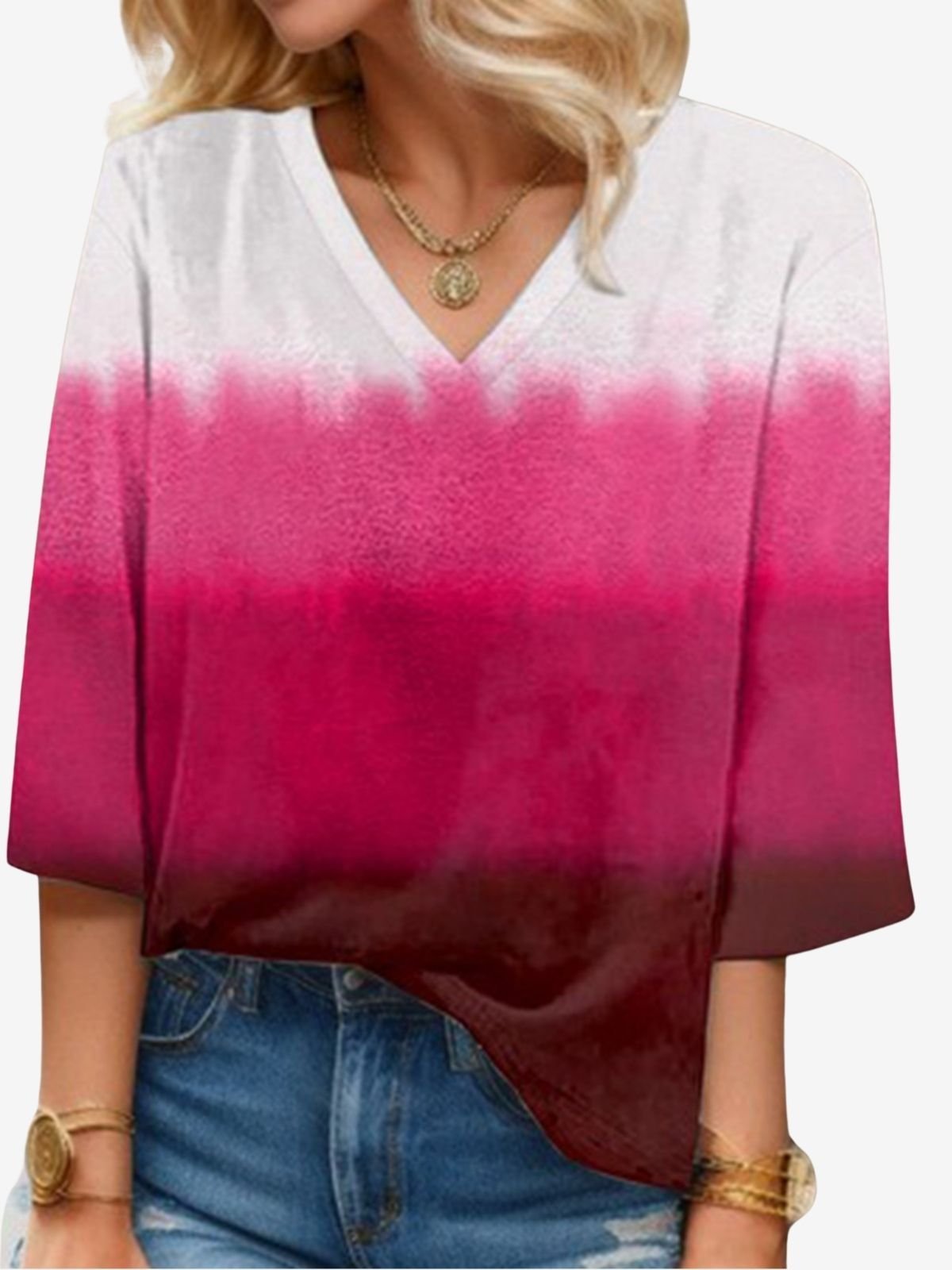 Women's Three Quarter Sleeve Blouse Spring/Fall Ombre V Neck Daily Going Out Casual Top