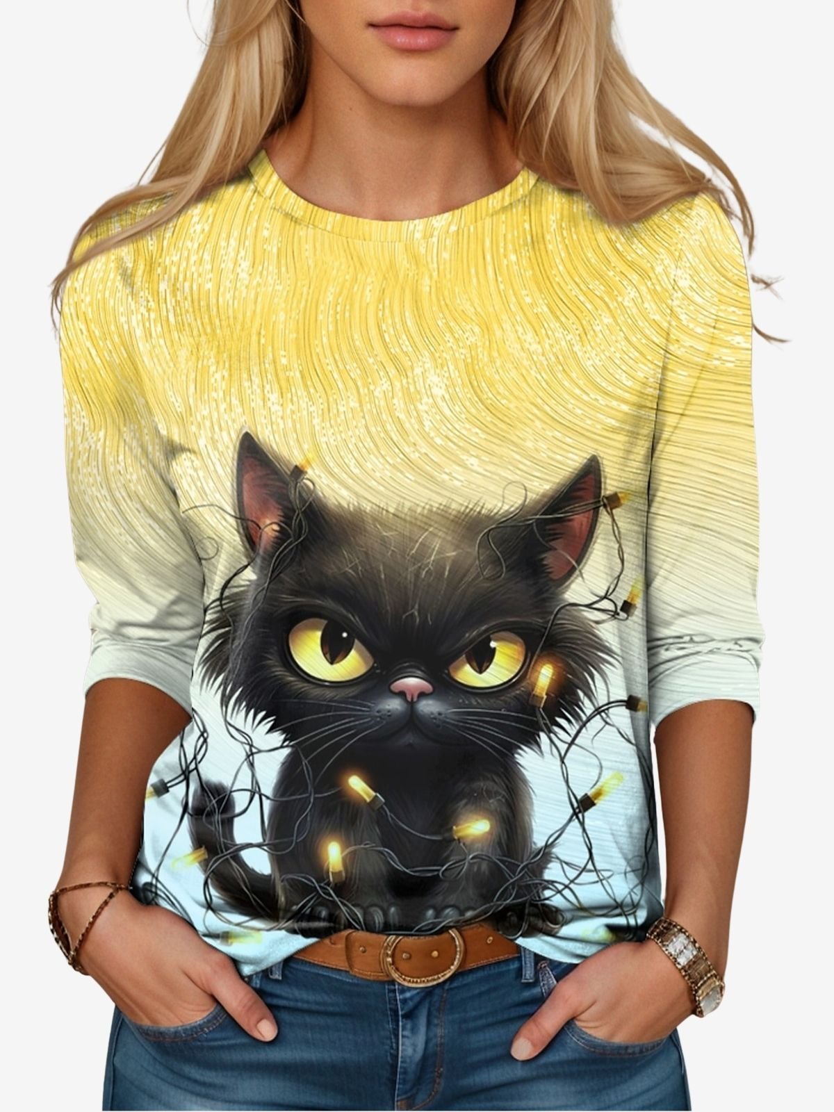 Women's Long Sleeve Tee T-shirt Spring/Fall Cat Printing Jersey Crew Neck Daily Going Out Casual Top