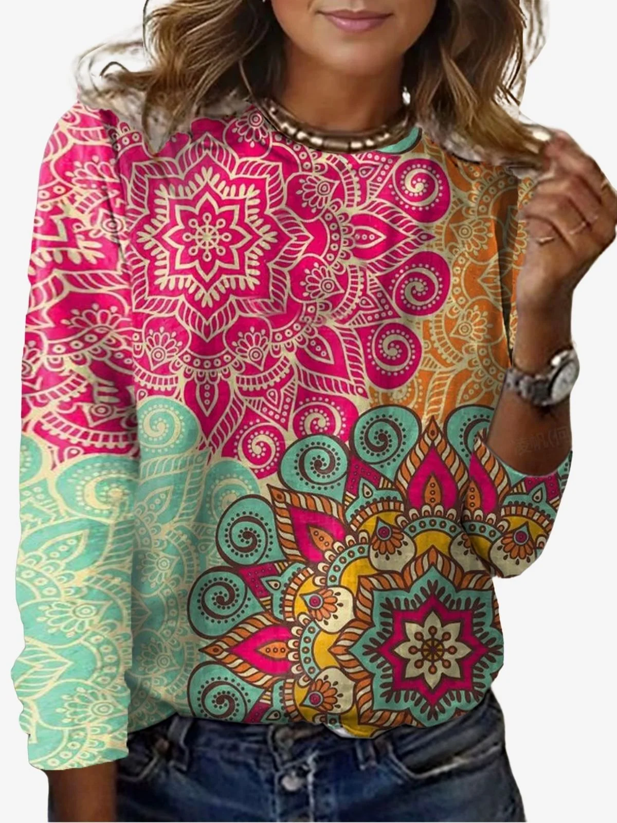 Women's Long Sleeve Tee T-shirt Spring/Fall Ethnic Jersey Crew Neck Daily Going Out Casual Top