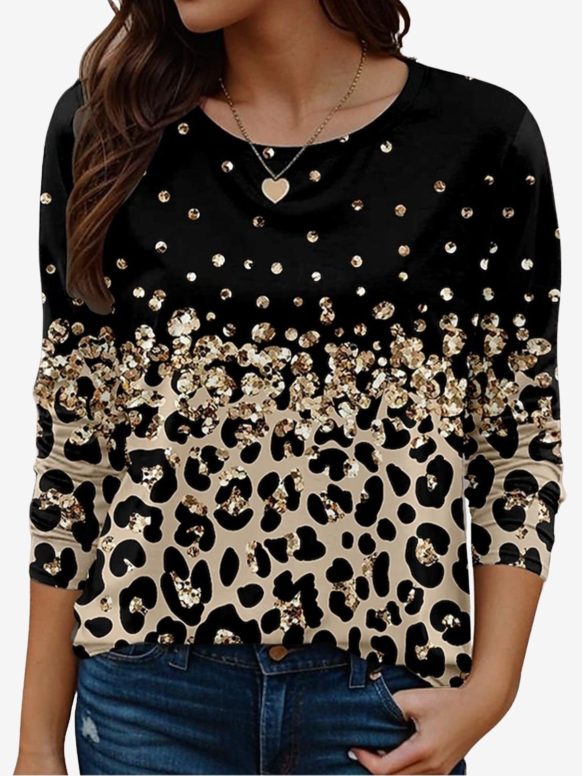 Women's Long Sleeve Tee T-shirt Spring/Fall Leopard Jersey Crew Neck Holiday Going Out Casual Top