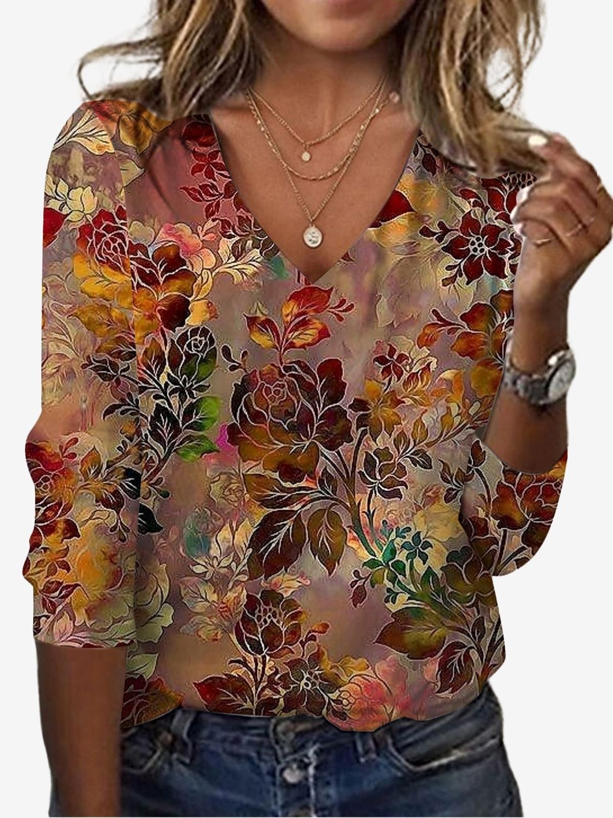 Women's Long Sleeve Tee T-shirt Spring/Fall Floral Jersey V Neck Daily Going Out Casual Top