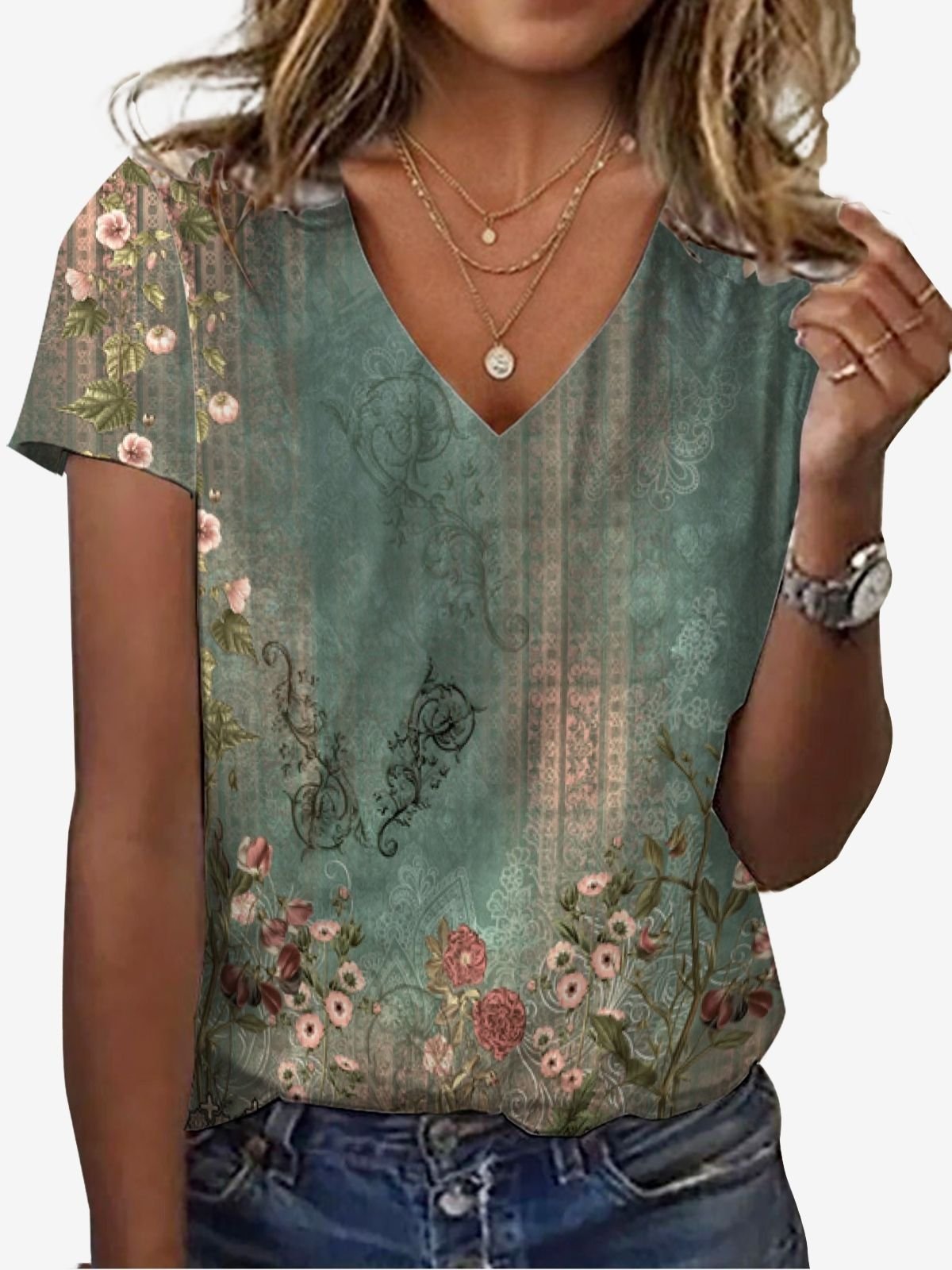 Women's Short Sleeve Tee T-shirt Summer Floral Jersey V Neck Holiday Going Out Casual Top