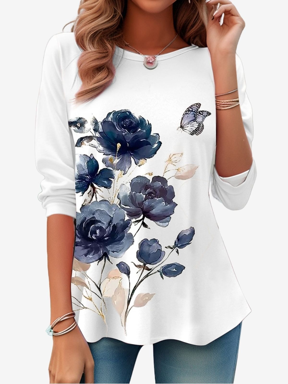 Women's Long Sleeve Tee T-shirt Spring/Fall Floral Printing Jersey Crew Neck Daily Going Out Casual Top