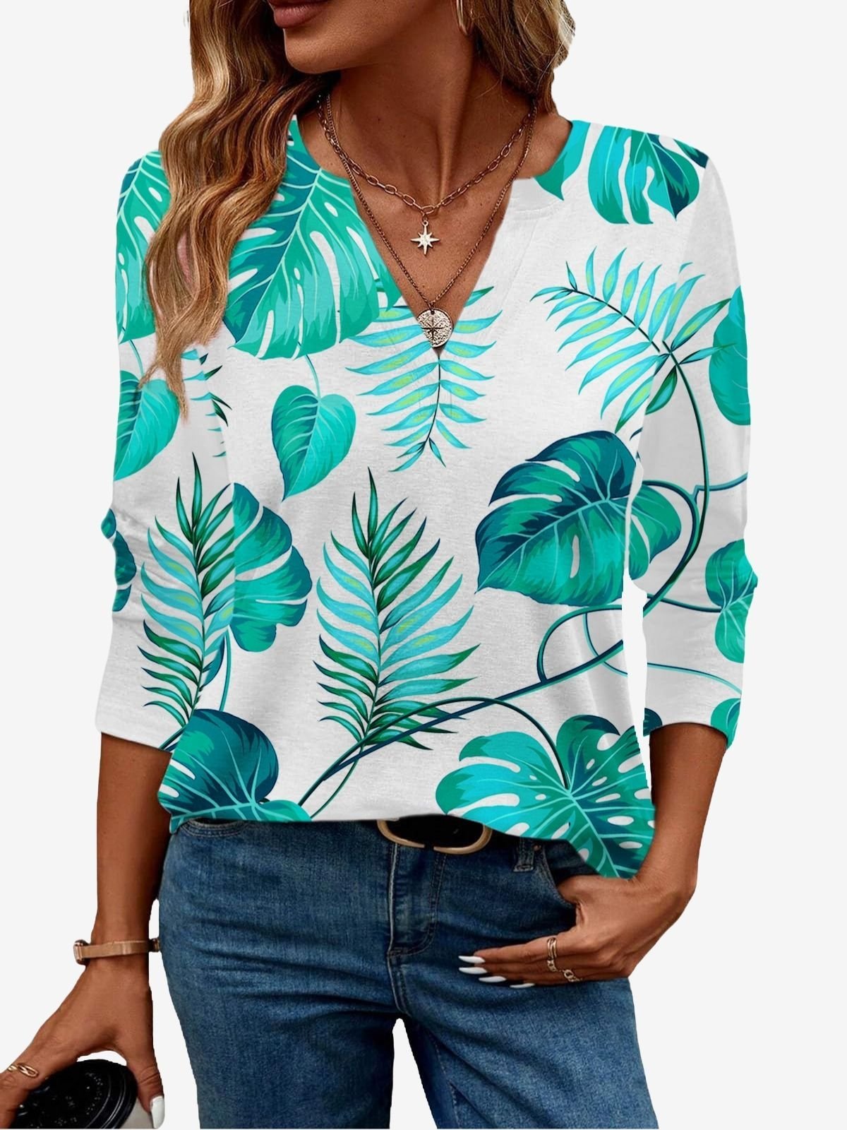 Women's Long Sleeve Blouse Spring/Fall Botanical Pattern Jersey V Neck Vacation Going Out Casual Top