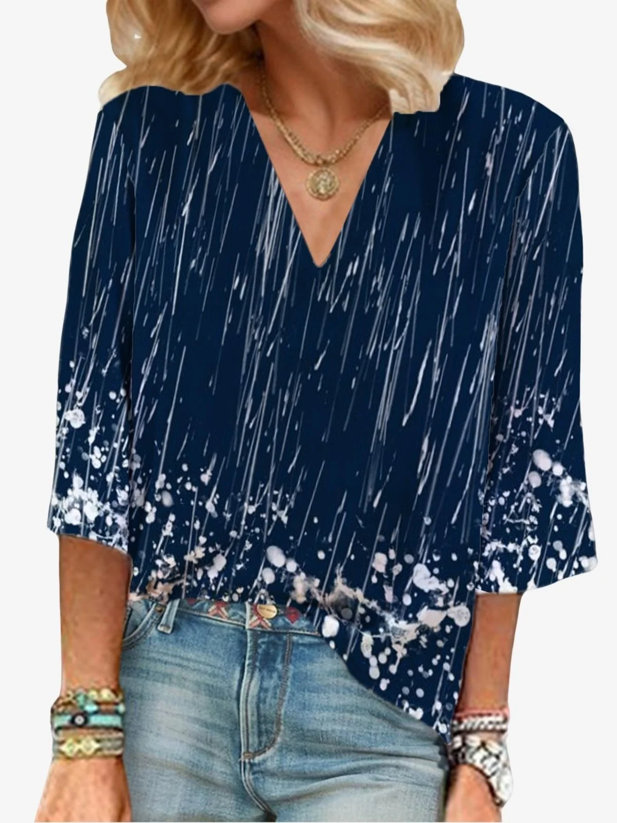 Women's Three Quarter Sleeve Blouse Spring/Fall Abstract V Neck Vacation Going Out Casual Top