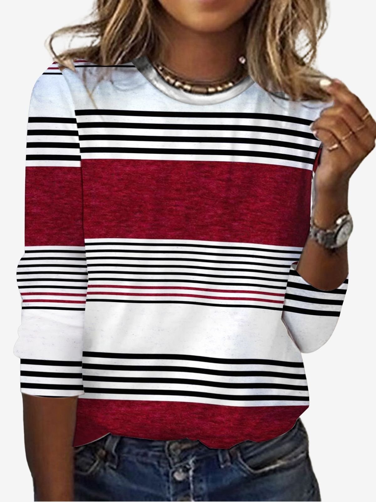 Women's Long Sleeve Tee T-shirt Spring/Fall Striped Printing Jersey Crew Neck Daily Going Out Vintage Top