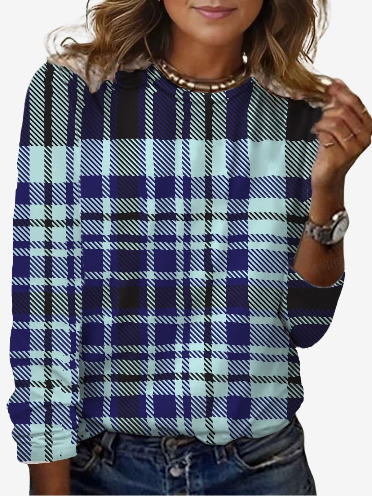 Women's Long Sleeve Tee T-shirt Spring/Fall Plaid Jersey Crew Neck Daily Going Out Casual Top