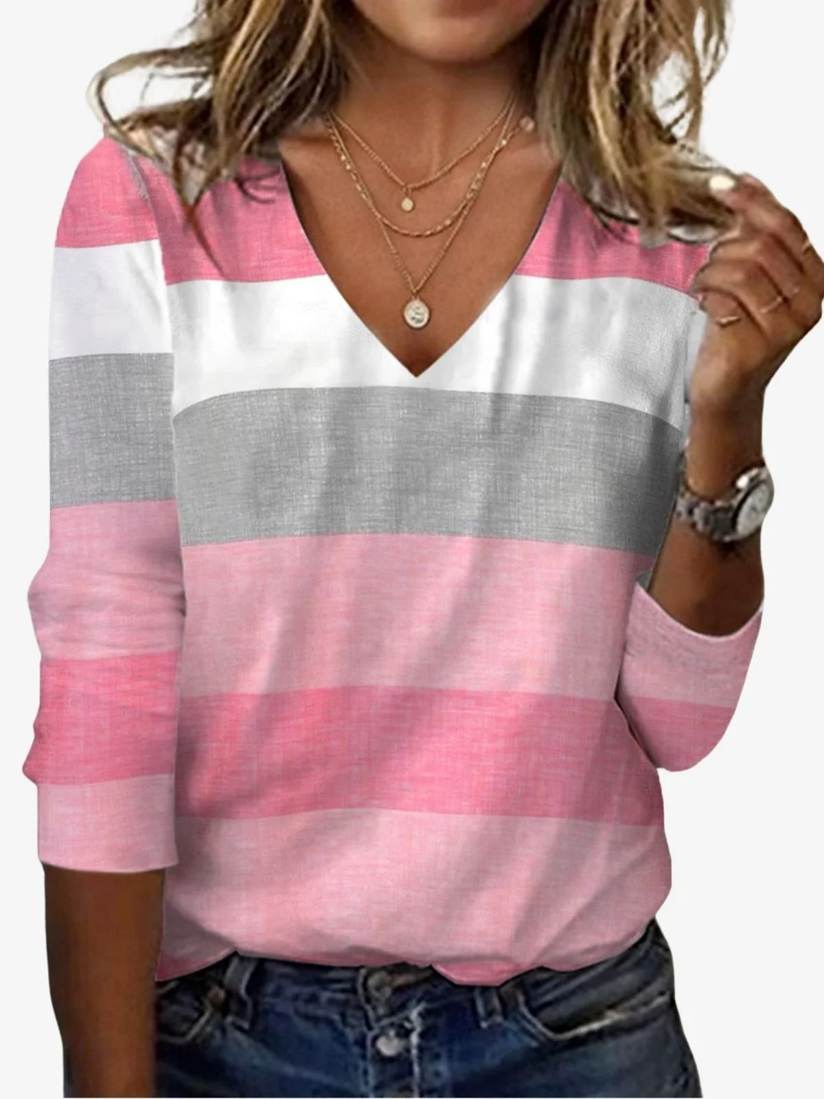 Women's Long Sleeve Tee T-shirt Spring/Fall Striped Jersey V Neck Daily Going Out Casual Top