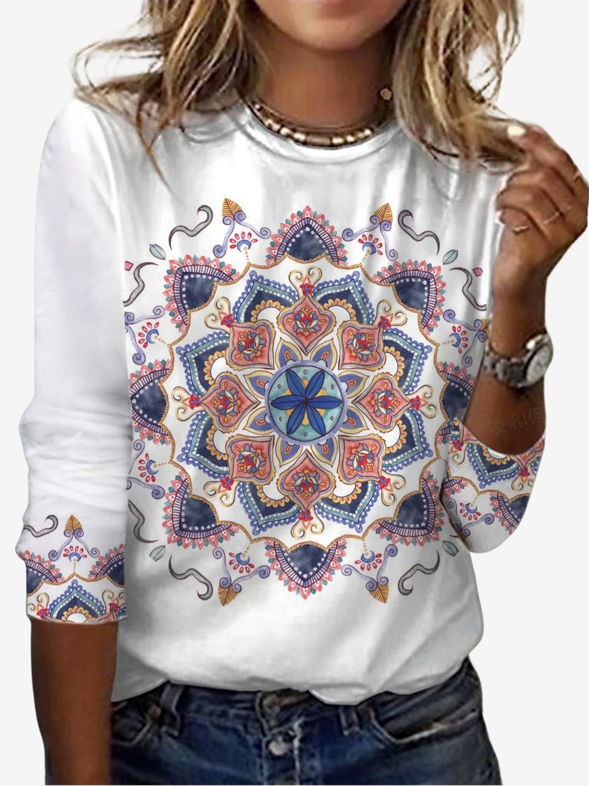 Women's Long Sleeve Tee T-shirt Spring/Fall Ethnic Jersey Crew Neck Daily Going Out Casual Top