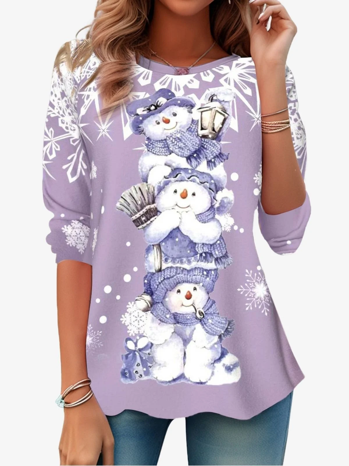 Women's Long Sleeve Tee T-shirt Spring/Fall Christmas Snowman Jersey Crew Neck Daily Going Out Casual Top