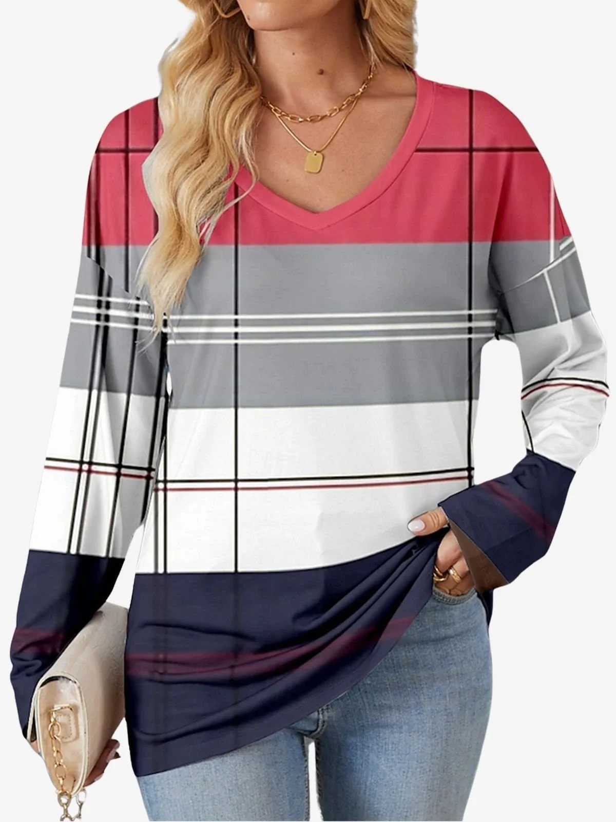 Women's Long Sleeve Tee T-shirt Spring/Fall Striped Jersey V Neck Daily Going Out Casual Top