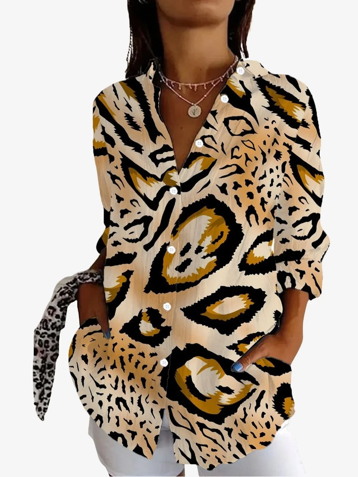 Women's Long Sleeve Shirt Spring/Fall Leopard Shirt Collar Daily Going Out Casual Top