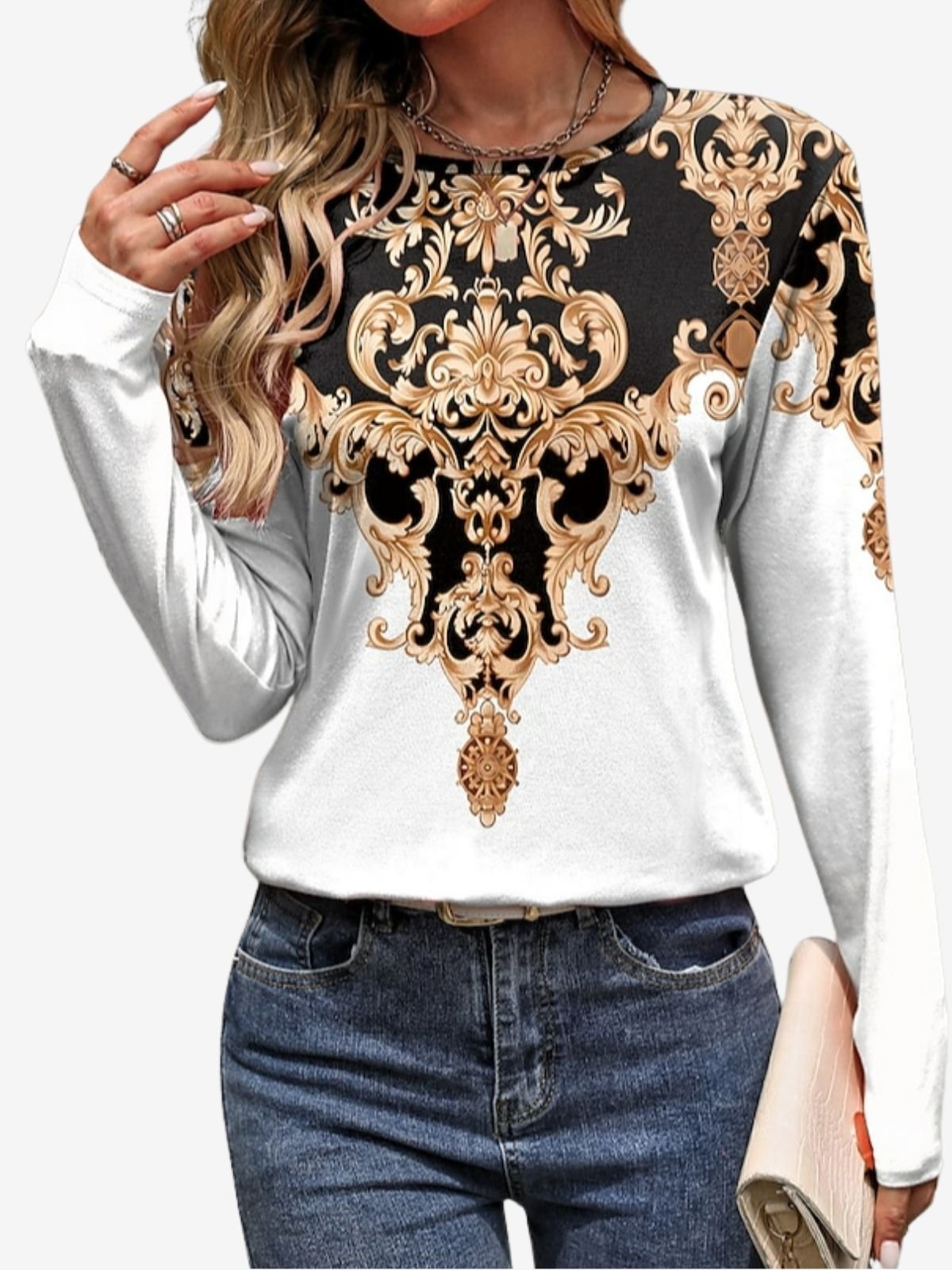 Women's Long Sleeve Tee T-shirt Spring/Fall Ethnic Printing Jersey Crew Neck Holiday Going Out Casual Top