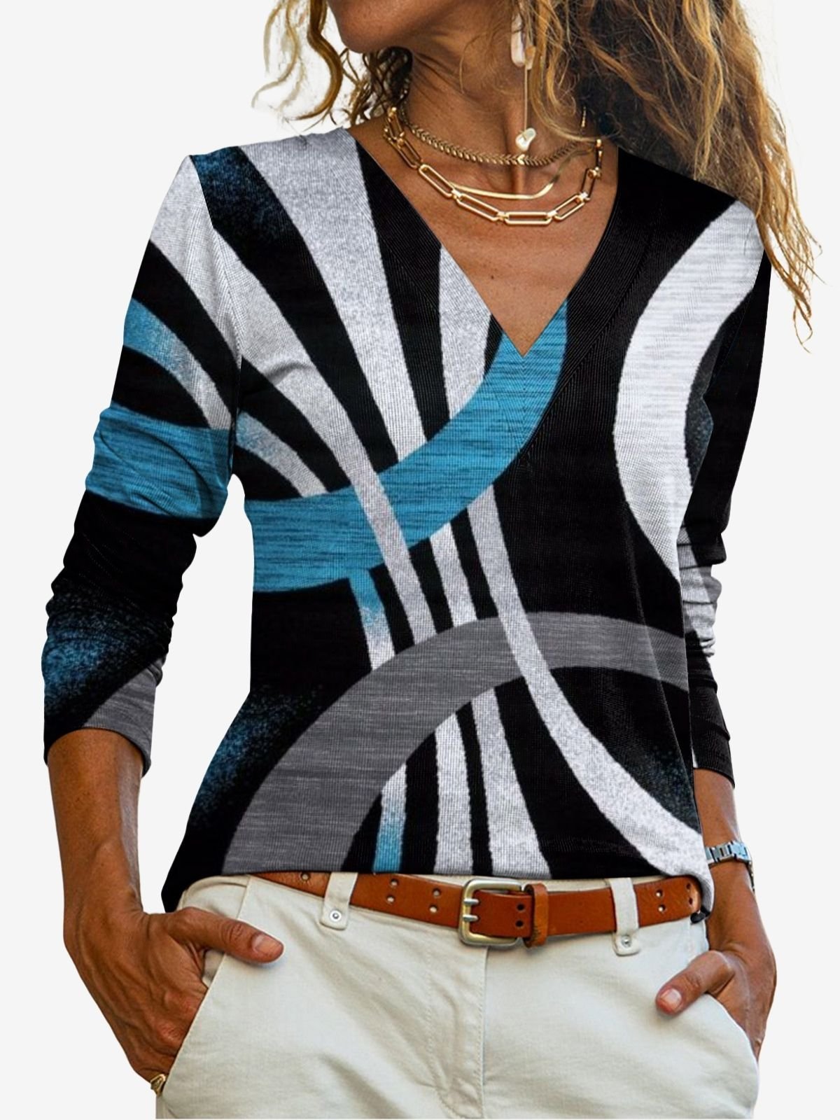 Women's Long Sleeve Tee T-shirt Spring/Fall Geometric Jersey V Neck Daily Going Out Casual Top