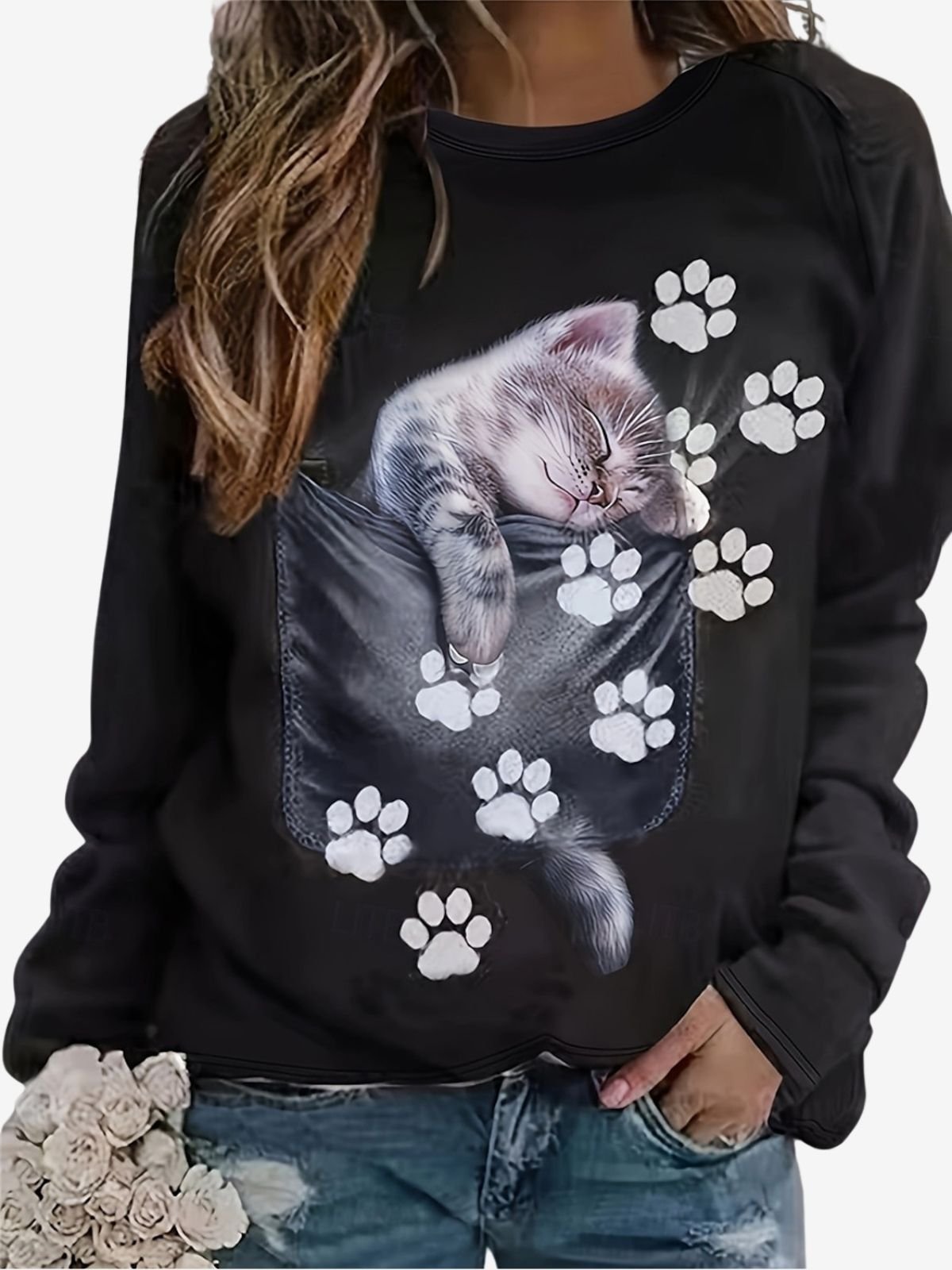 Women's Crew Neck Cat Printing Casual Spring/Fall Long Sleeve Sweatshirt