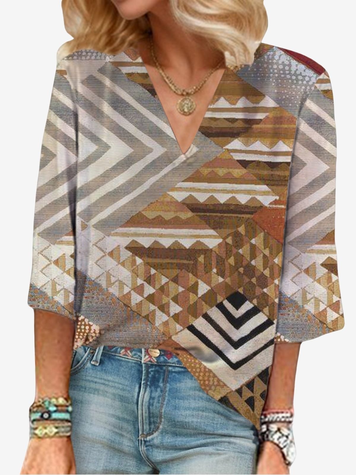 Women's Three Quarter Sleeve Blouse Spring/Fall Geometric V Neck Vacation Going Out Casual Top