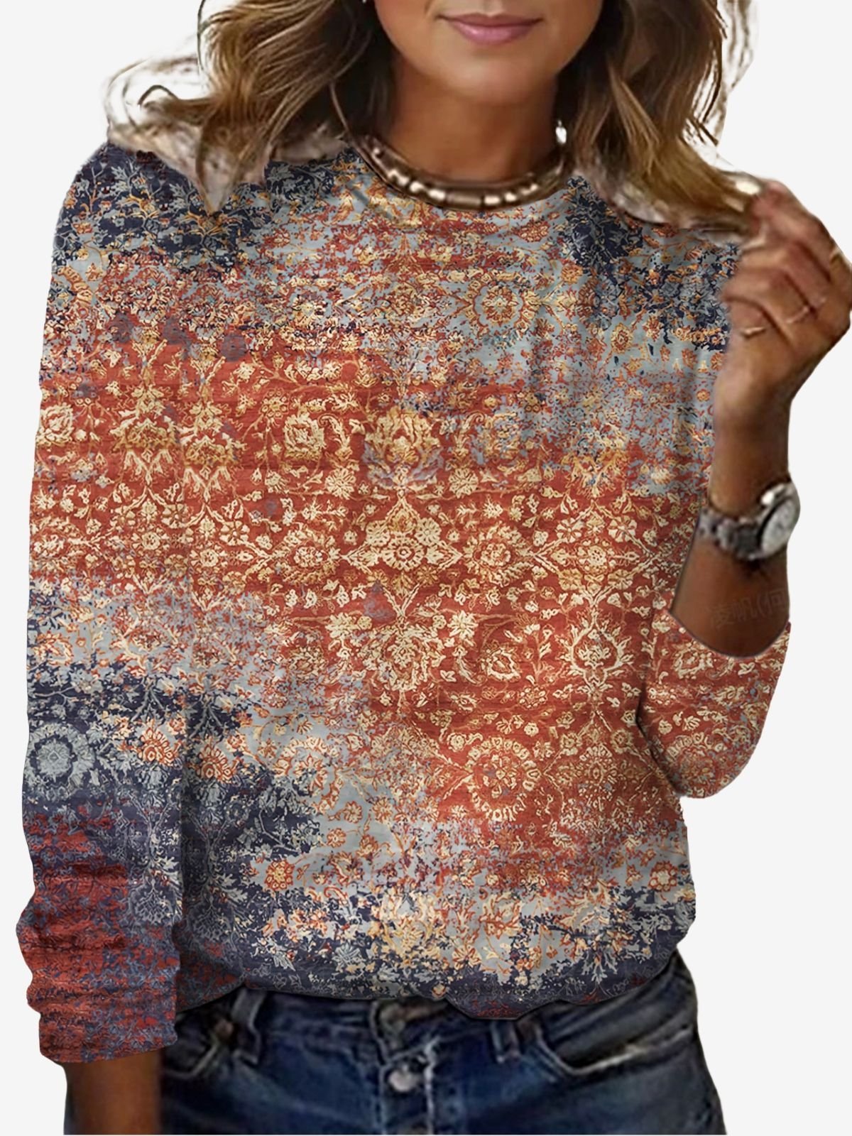 Women's Long Sleeve Tee T-shirt Spring/Fall Ethnic Jersey Crew Neck Holiday Going Out Casual Top