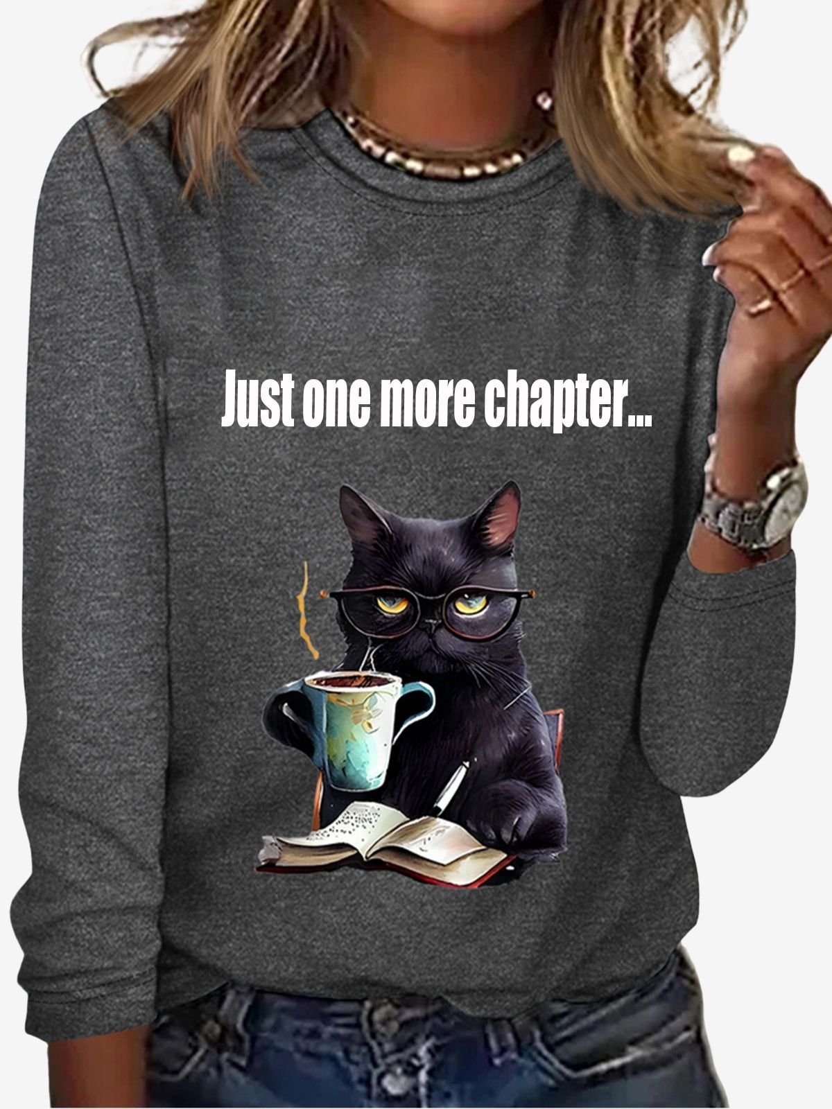 Women's Just One More Chapter Funny Cat Print Long Sleeve Crew Neck T-shirt