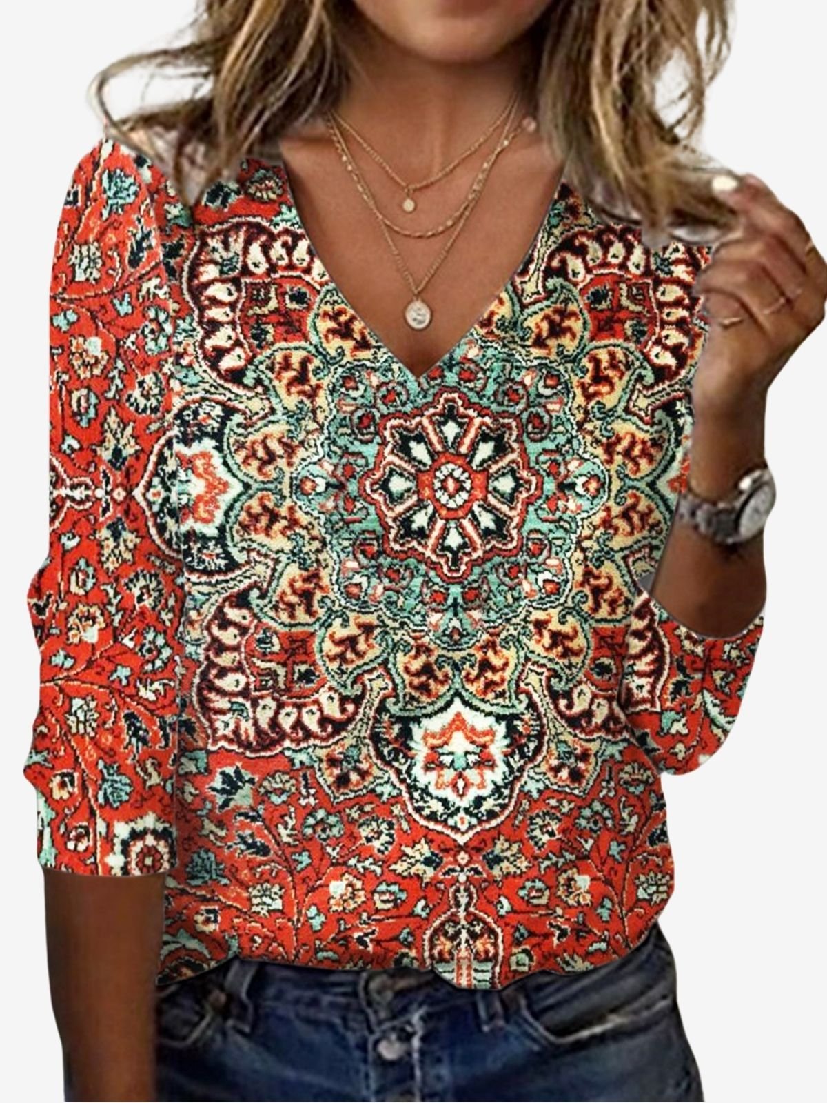 Women's Long Sleeve Tee T-shirt Spring/Fall Ethnic Jersey V Neck Holiday Going Out Casual Top