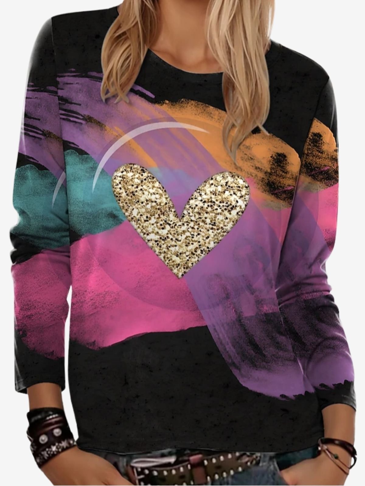 Women's Valentine's Day Love Hear Print Graphic Long Sleeve Crew Neck T-shirt