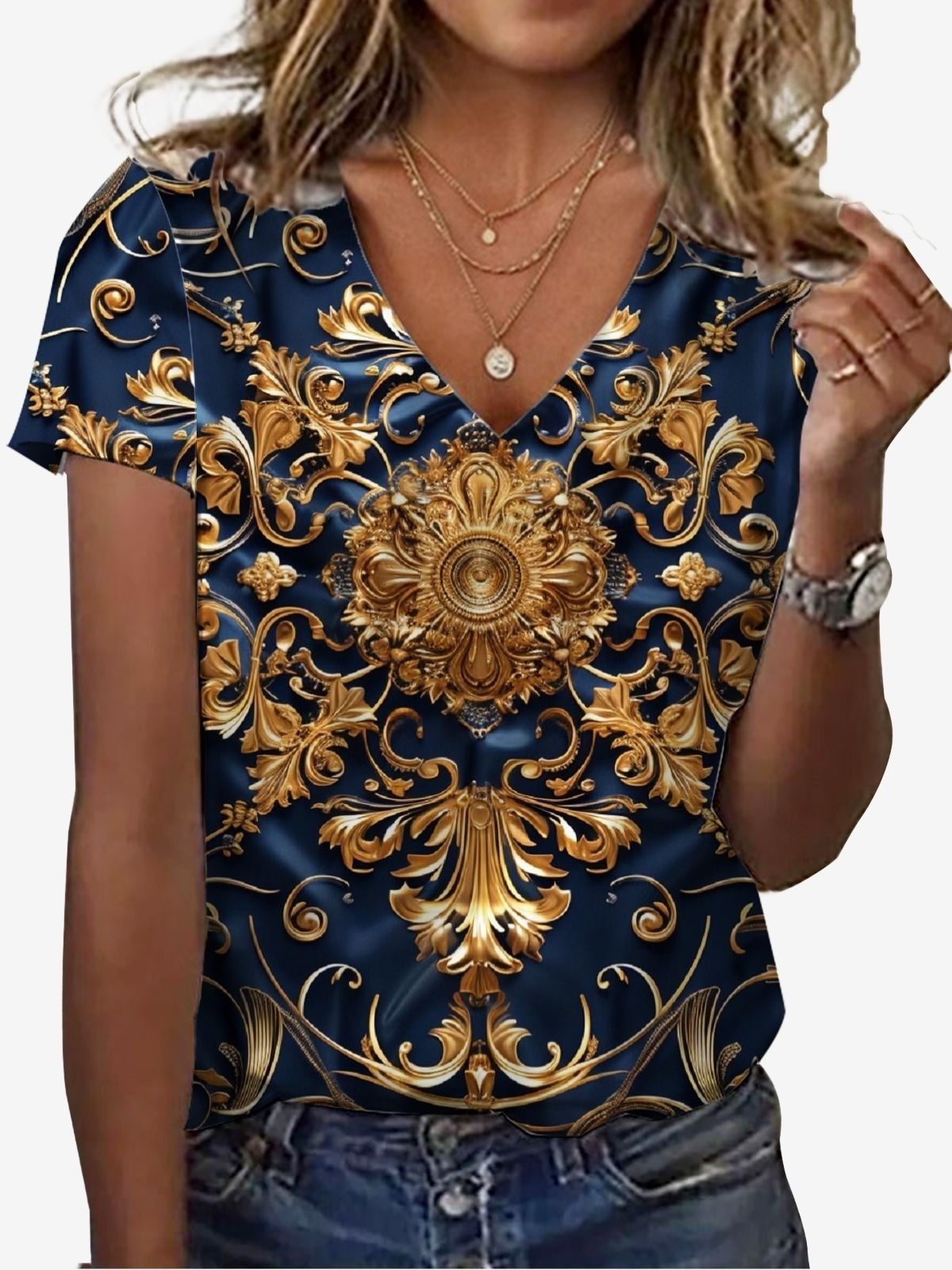 Women's Short Sleeve Tee T-shirt Summer Ethnic Jersey V Neck Holiday Going Out Casual Top